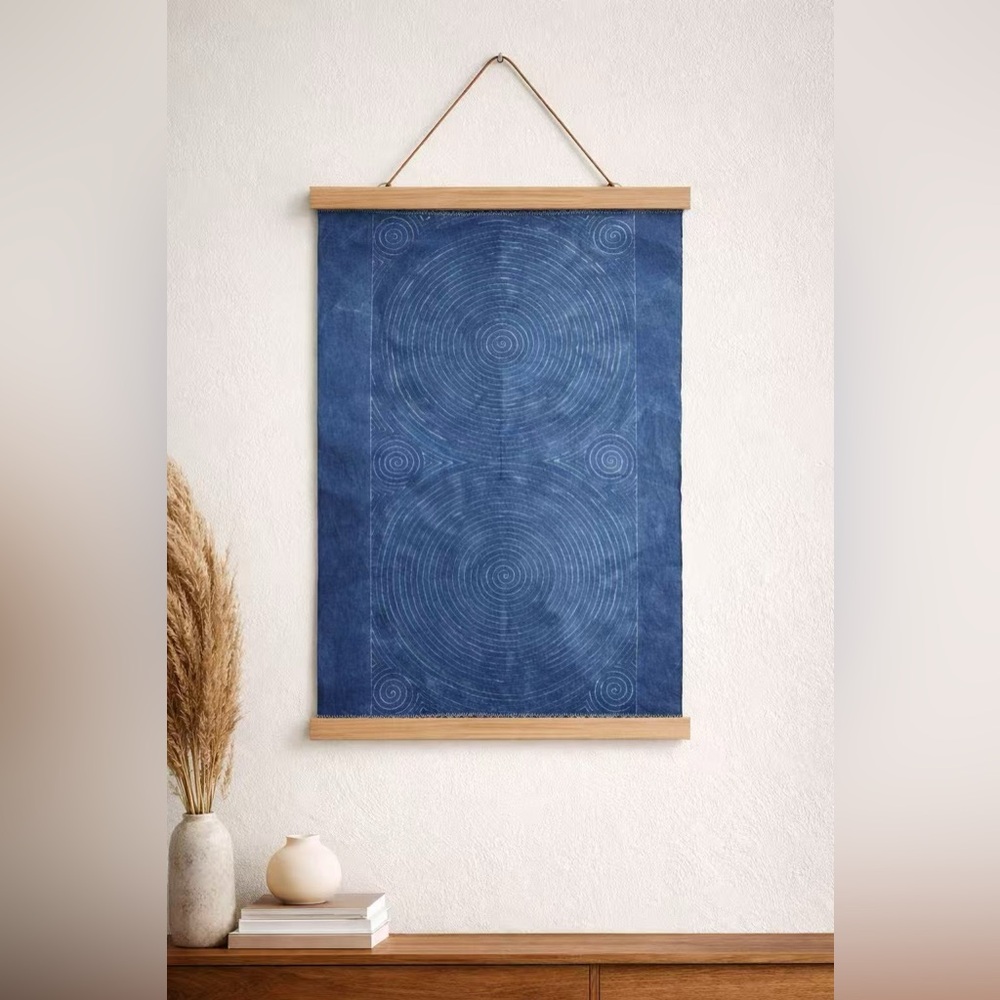 Handmade Indigo Batik Linen Textile 22x17 Wall Art or Table Placemat Runner BA17